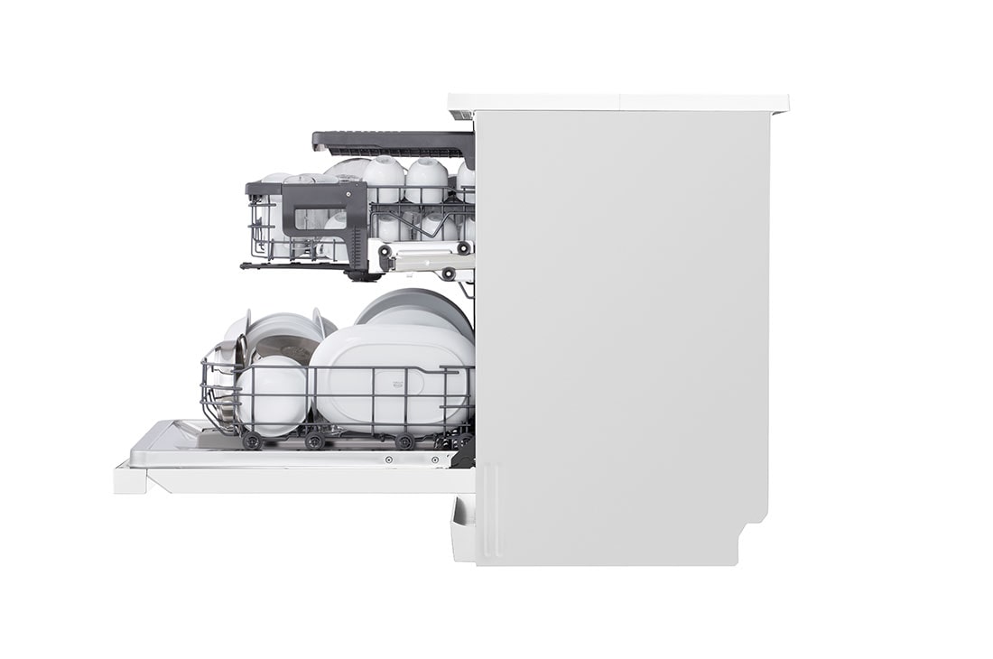 LG 14 Place Setting QuadWash™ Dishwasher, Platinum Silver, Easy Rack Plus, Dual Zone Wash, Turbo Cycle, side view with dish, DFC513FW, thumbnail 5