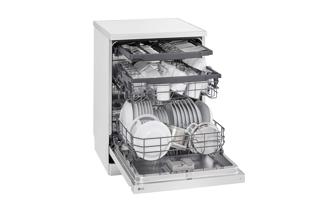 LG 14 Place Setting QuadWash™ Dishwasher, Platinum Silver, Easy Rack Plus, Dual Zone Wash, Turbo Cycle, right side with dish, DFC513FW, thumbnail 9