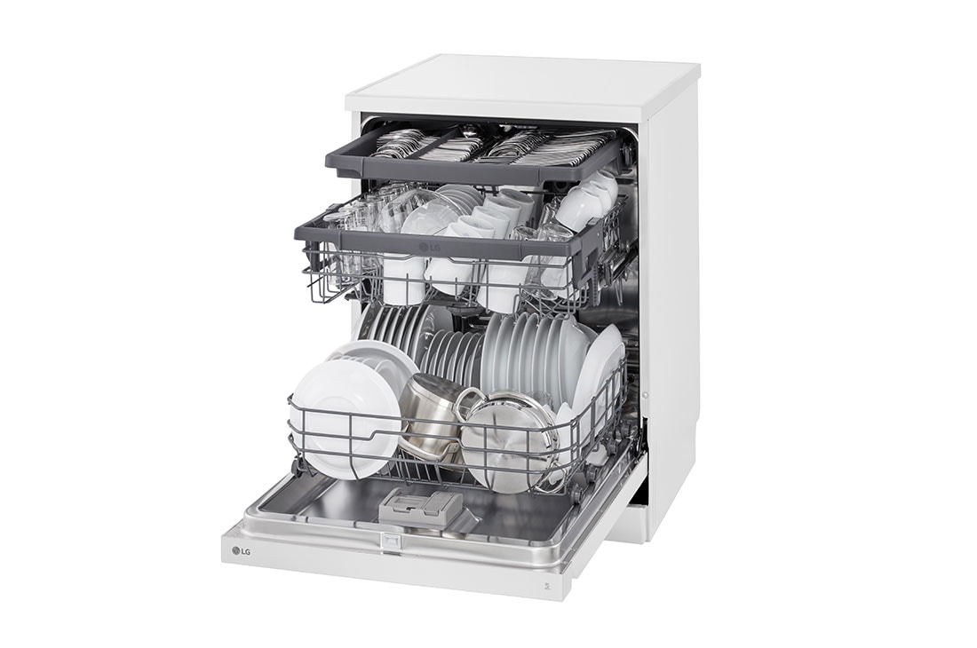 LG 14 Place Setting QuadWash™ Dishwasher, Platinum Silver, Easy Rack Plus, Dual Zone Wash, Turbo Cycle, left side with dish, DFC513FW, thumbnail 12