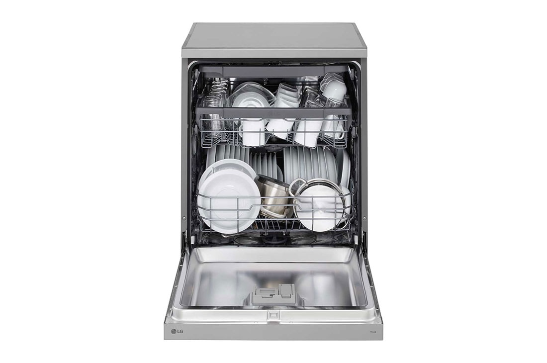 LG 14 Place Setting QuadWash™ Dishwasher, Platinum Silver, Easy Rack Plus, Turbo Cycle, front open with dish, DFC513FV, thumbnail 2