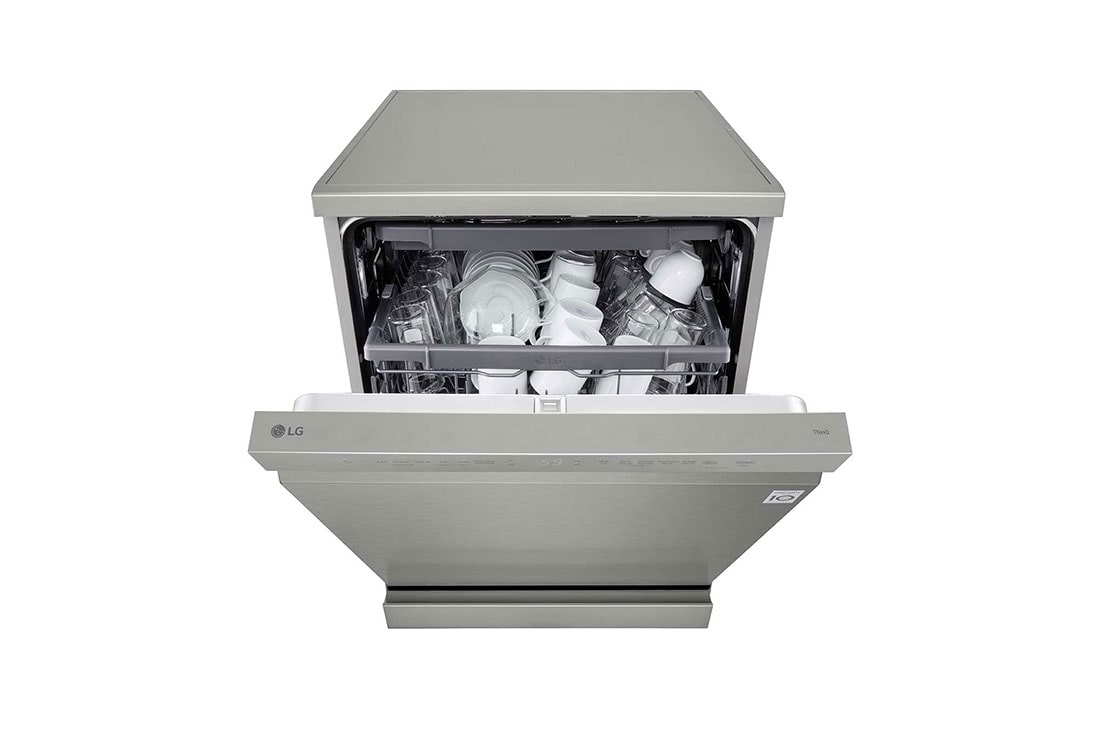 LG 14 Place Setting QuadWash™ Dishwasher, Platinum Silver, Easy Rack Plus, Turbo Cycle, door half open with dish, DFC513FV, thumbnail 4