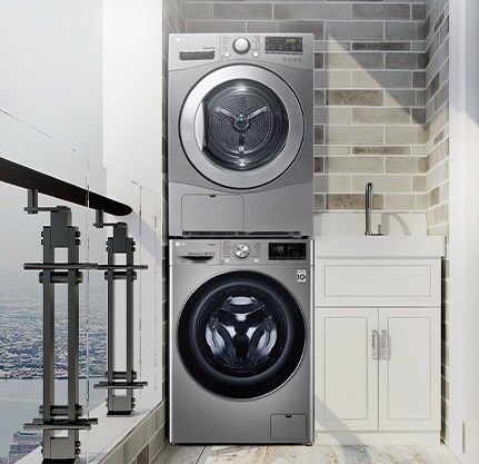 The Condensing Type Dryer is shown in a bathroom, with two side by side in a utility room, with two dryers stacked one on top of the other on a veranda, and with one in a living room closet. 