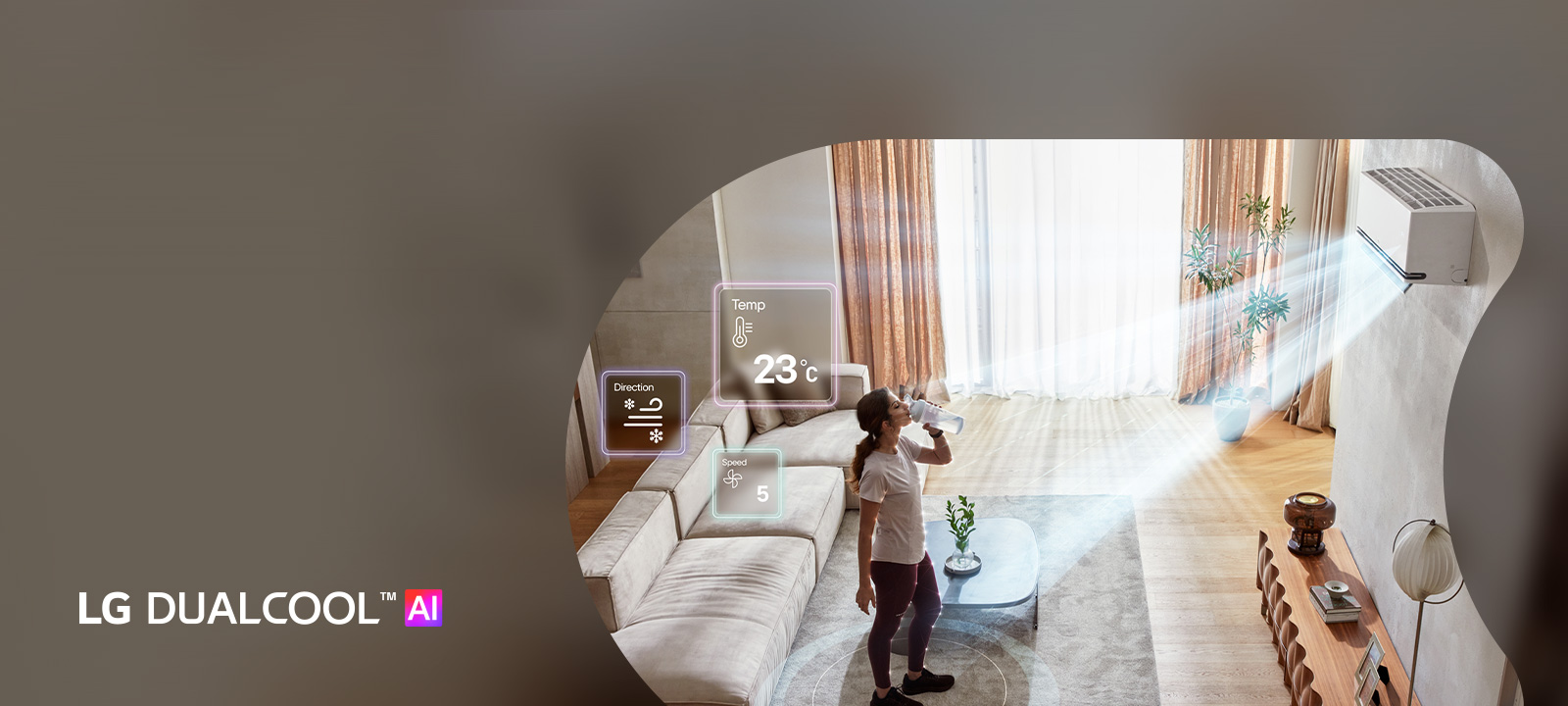 LG DUALCOOL AI air conditioner ad showing a woman on a sofa using the ThinQ app to manage energy.
