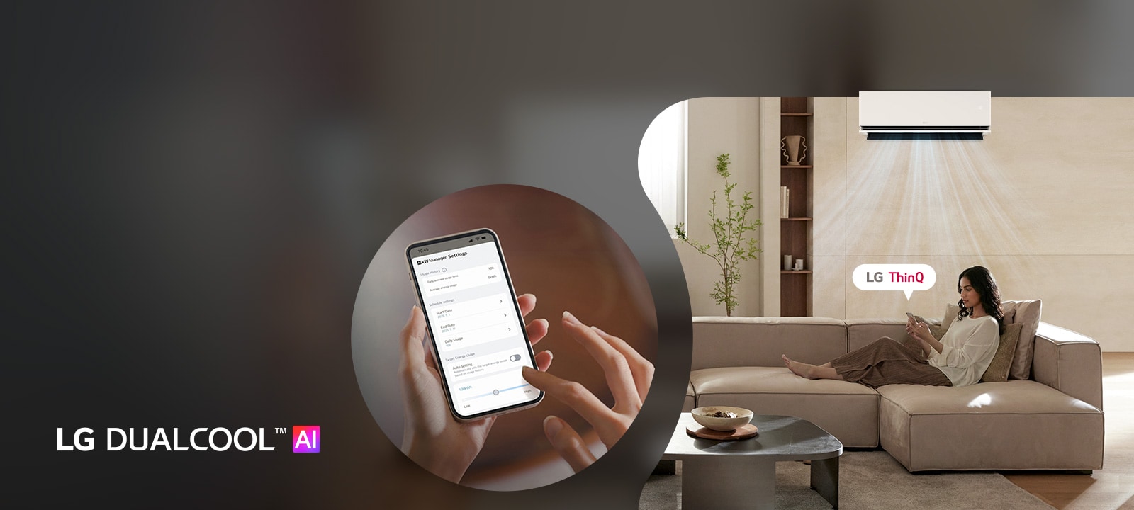 LG DUALCOOL AI ad showing an air conditioner cooling a room with a woman drinking water.