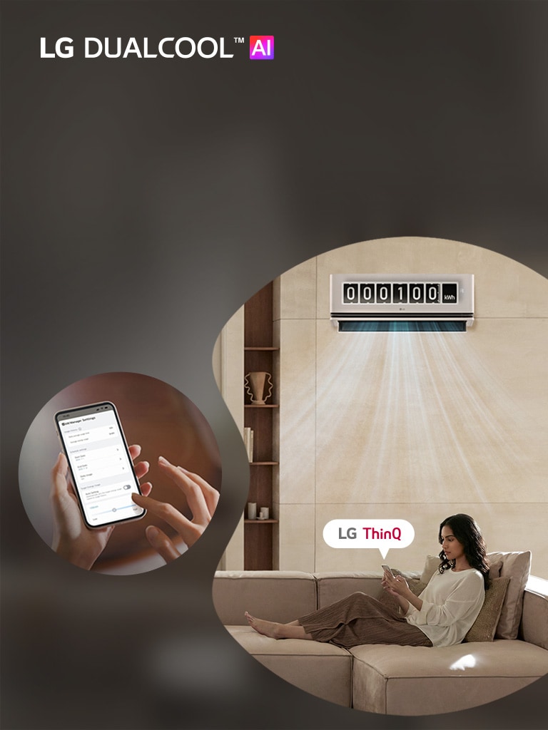 LG DUALCOOL AI ad showing an air conditioner cooling a room with a woman drinking water.