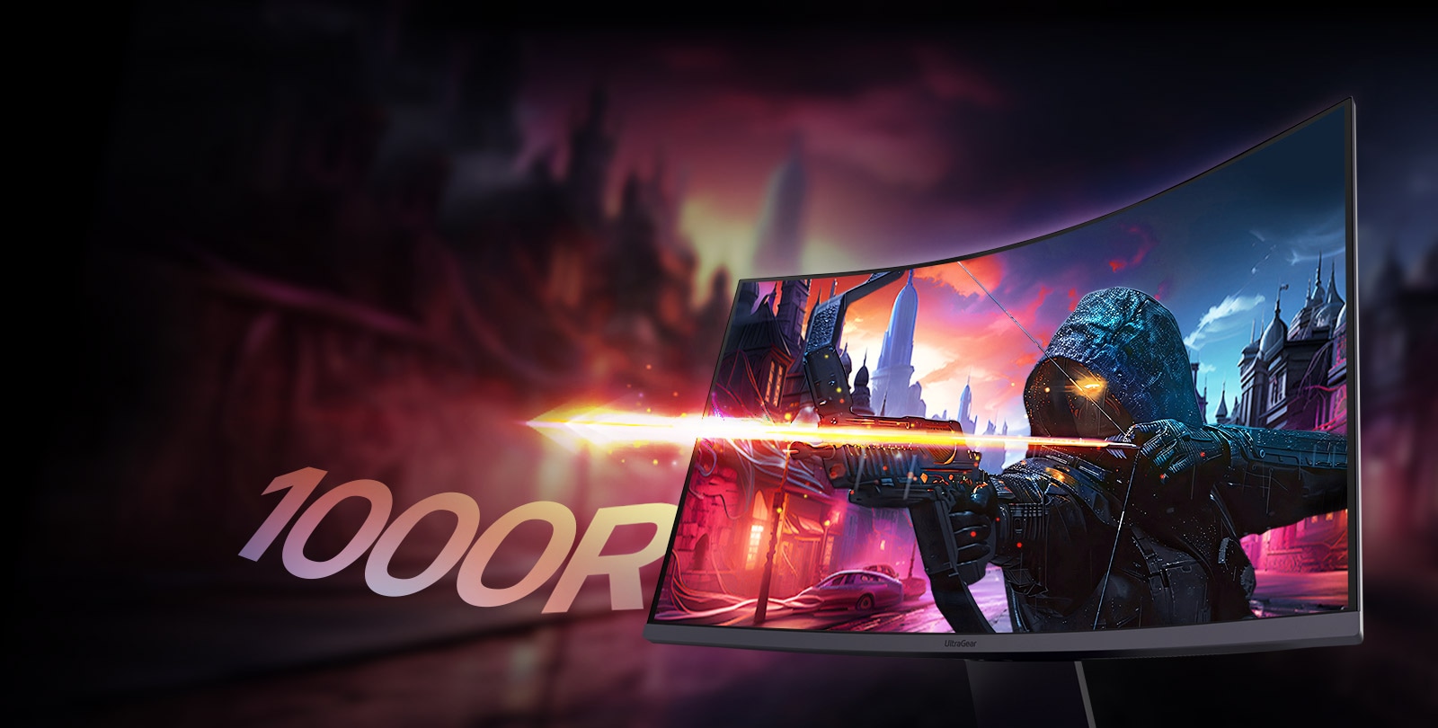 Side view of a monitor with a gaming archer character on the screen image.