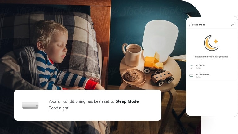 Image shows a young boy sleeping in a bed. Next to him is a LG ThinQ app screen displaying the the air conditioner settings in his room.