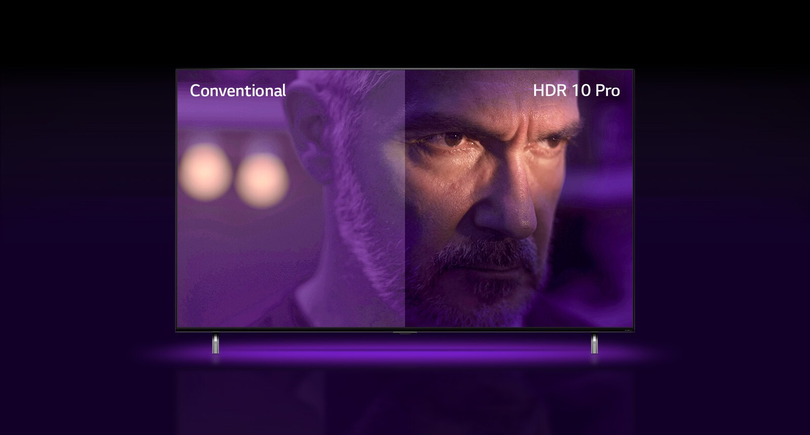 A man is staring outside, looking mad. The image is divided into two part. On left half of image appears to be dull and less vibrant color, while on the right half of image looks more vibrant with more colors. On left top corner says ‘conventional’, on right top corner says ‘HDR 10 PRO’. The image zooms out and shows QNED TV.