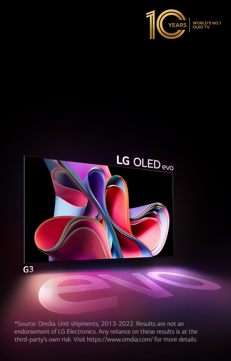 An image of LG OLED G3 against a black backdrop showing a bright pink and purple abstract artwork. The display casts a colorful shadow that features the word "evo." The "10 Years World's No.1 OLED TV" emblem is in the top left corner of the image. 
