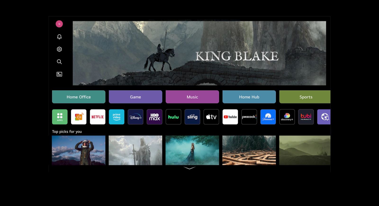 On a black background, there is an All New Home screen, and when you press the Sports Quick Card within the screen, it takes you to a sports screen. Similarly, pressing the Game Quick Card takes you to a game screen.