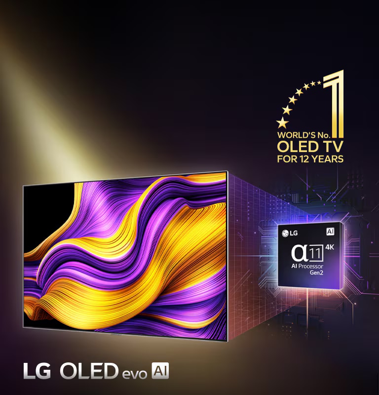 LG OLED TV with a colorful abstract artwork on its screen and the alpha 11 AI Processor Gen2 highlighted behind it. Bright lights erupt from the processor and TV showcasing its advanced technology. The world's number one OLED TV for 12 years emblem is also visible. 