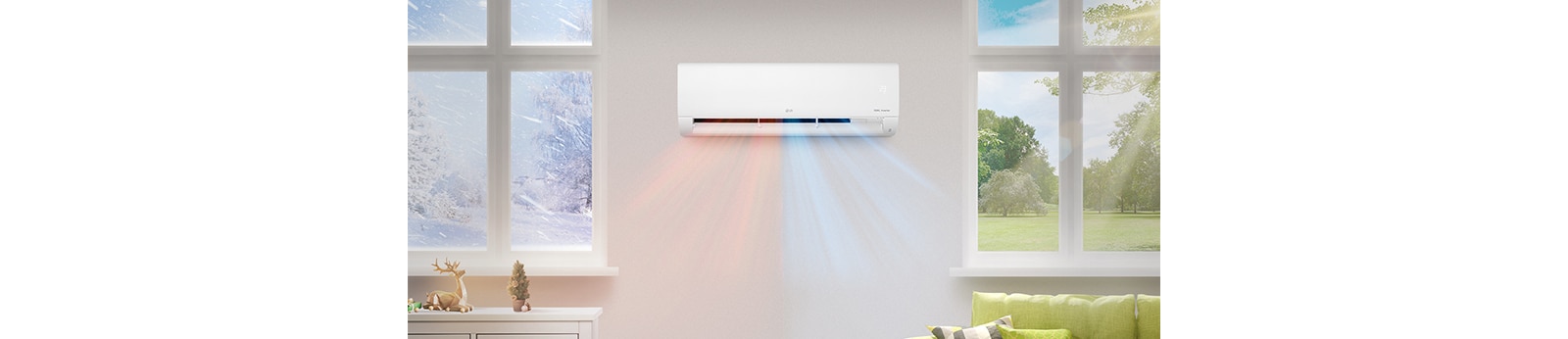 The left side is winter, the right side is summer, and the air conditioner blows cool and warm air at the same time.