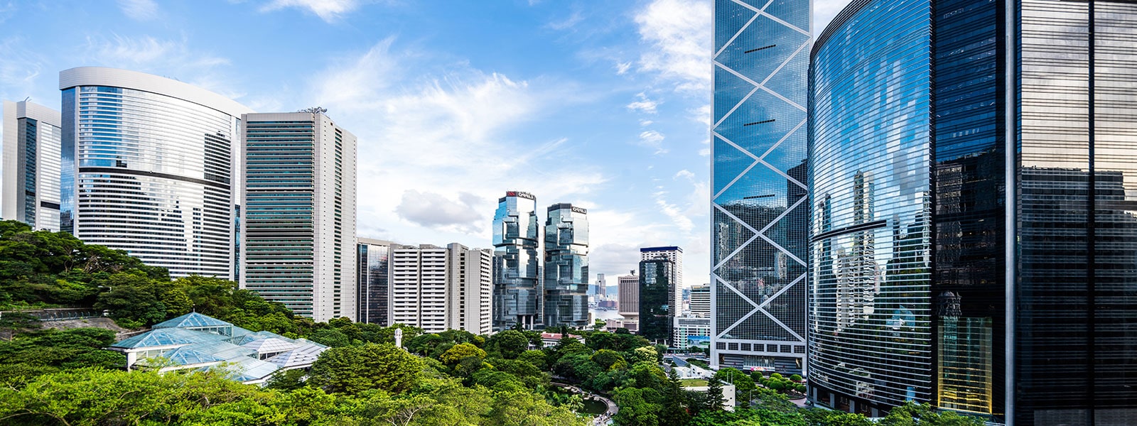 Panoramic view of a series of skyscrapers with reflective outer walls standing side by side next to a green park.