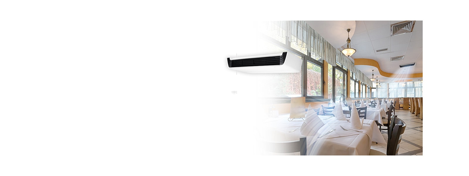 Air conditioning unit on the ceiling creates blue air streams in a restaurant with multiple tables and chairs. Enlarged product image to the left.