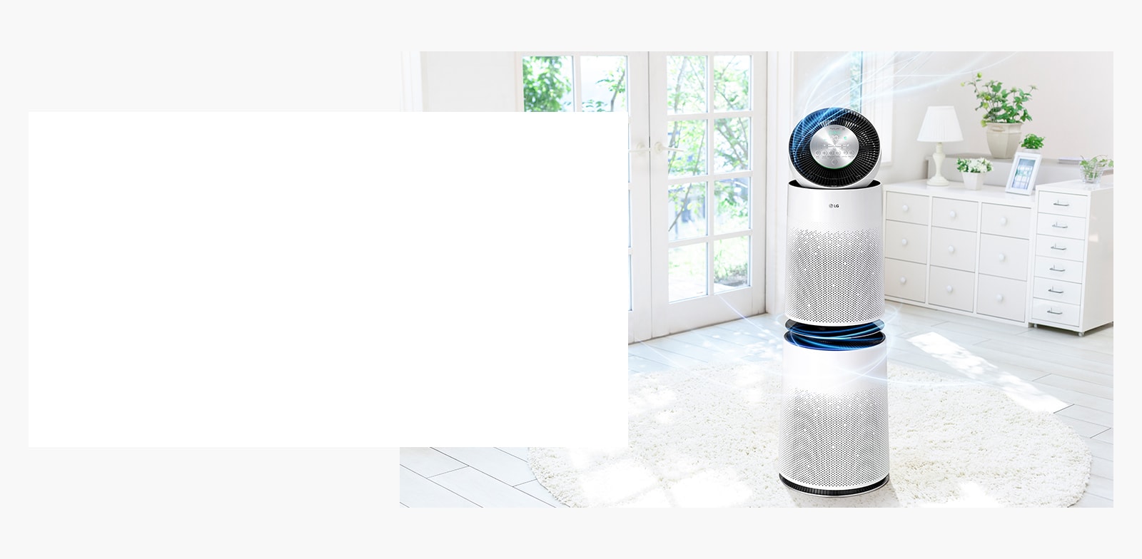 A full shot of an air purifier with clean air coming out in a living room