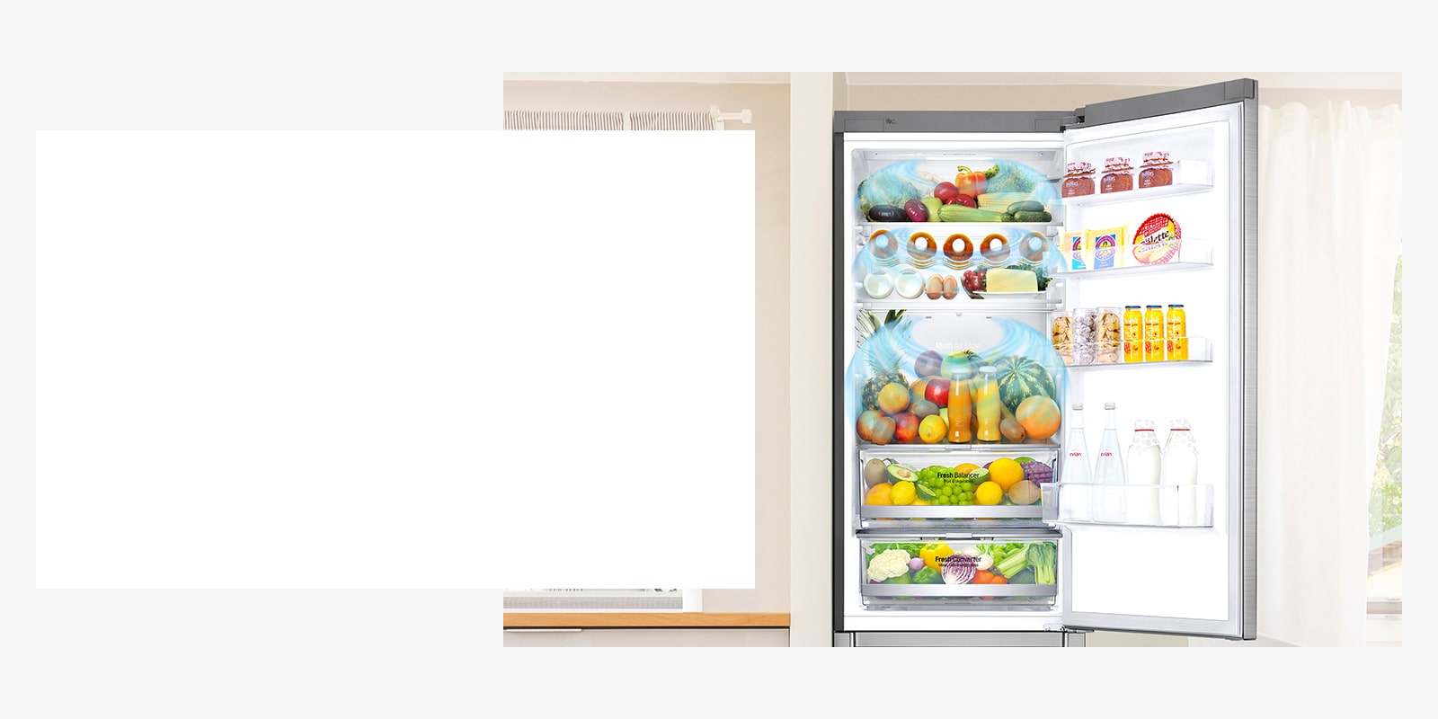 A front view of a refrigerator with a door wide open showing a variety of foods and drinks cooling