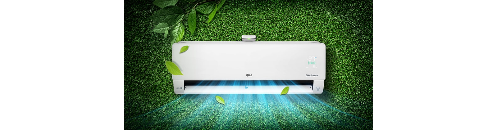 an air conditioner that breathes cool air on green grass