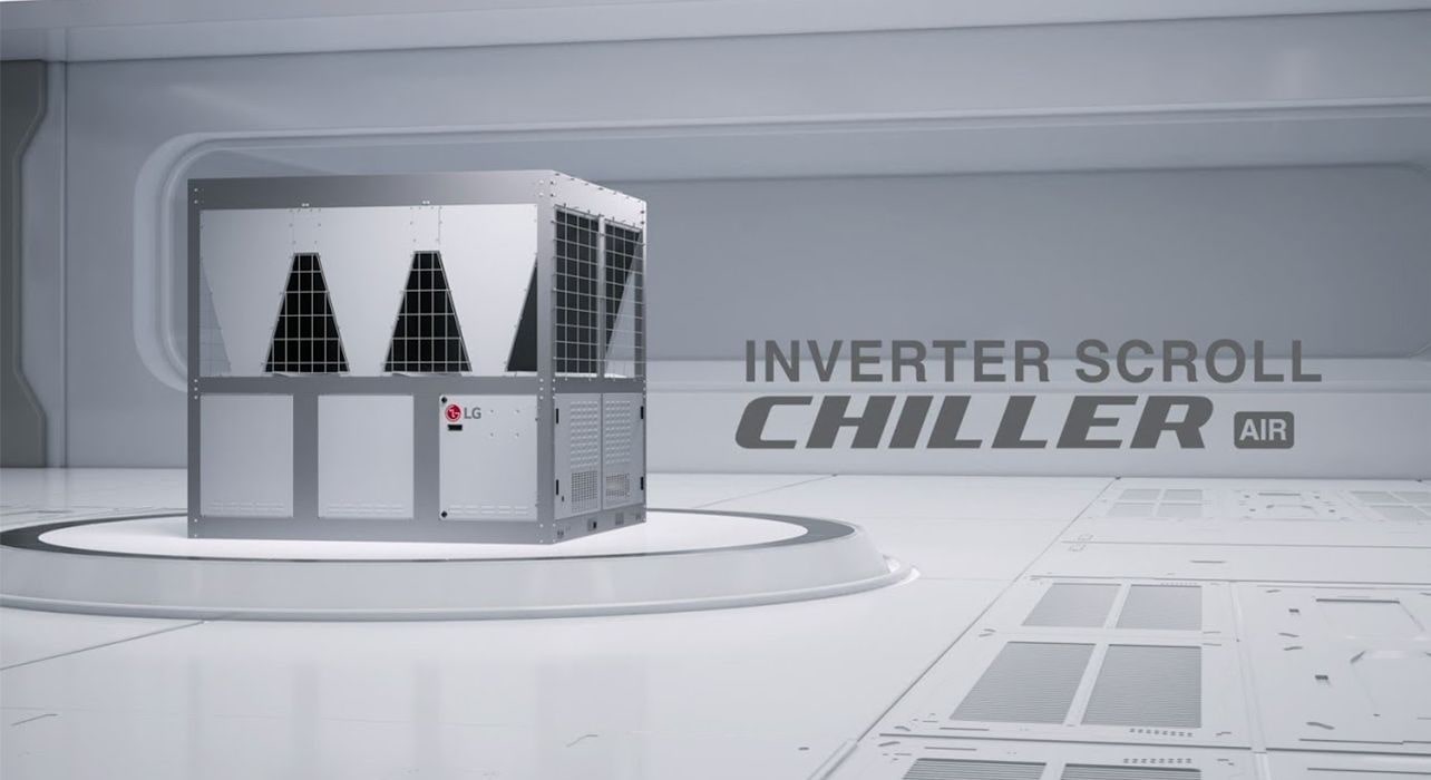 LG Inverter Scroll Chiller AIR unit showcased in a modern, futuristic setting