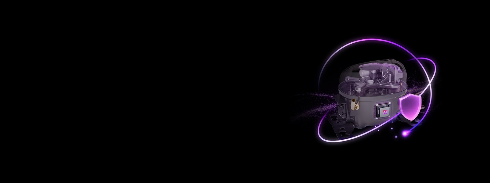 LG AI Inverter Compressor illustration with glowing purple accents and a shield icon representing durability	