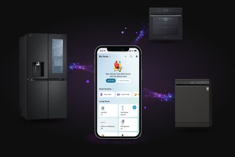 Smartphone displaying LG ThinQ app home screen connected to refrigerator, oven, and dishwasher with glowing purple connection lines	