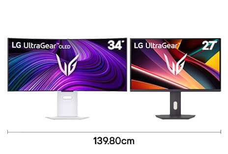 Dual gaming monitor setup with 34 inch WQHD and 27 inch QHD displays for expansive gameplay with 139.80 cm desk width