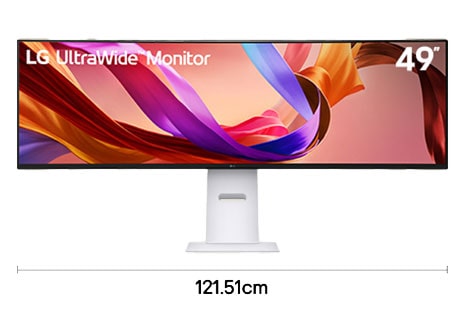 Single 49 inch super ultrawide monitor setup for immersive music and video creation workflow with 121.51 cm desk width