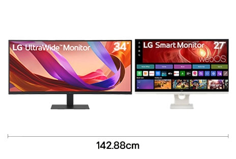 Dual monitor setup with 34 inch ultrawide and 27 inch 4K UHD displays for creative workflow with 142.88 cm desk width