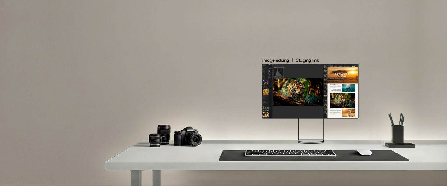 This video shows a dual monitor setup for photographers, where the main monitor displays high resolution photo editing, while the secondary monitor shows tool panels, reference images, and asset libraries to support detailed image editing and color correction workflow.