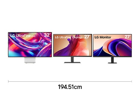 Triple monitor setup with 32 inch 6K, 27 inch 4K UHD, and 27 inch QHD displays for professional creative workflow with 194.51 cm desk width