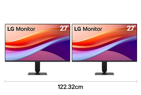 Dual monitor setup with two 27 inch FHD displays for efficient office workflow with 122.32 cm desk width
