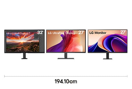 Triple monitor setup with 32 inch UHD, 27 inch 4K, and 27 inch QHD displays for advanced development workflow with 194.10 cm desk width