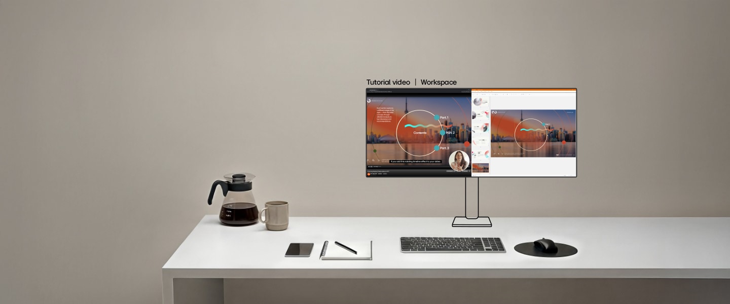 This video shows an ultrawide entertainment monitor setup for entertainment consumers, where the main monitor displays streaming content, while secondary screens show browsing panels, playlists, and related media to support immersive content viewing and discovery.