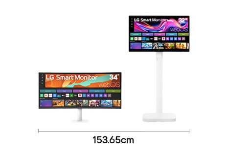 Dual monitor setup with 34 inch WQHD and 32 inch 4K UHD displays for multitasking entertainment with 153.65 cm desk width