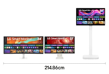 Triple monitor setup with 34 inch WQHD, 27 inch 4K UHD, and 32 inch 4K UHD displays for development workflow with 214.86 cm desk width