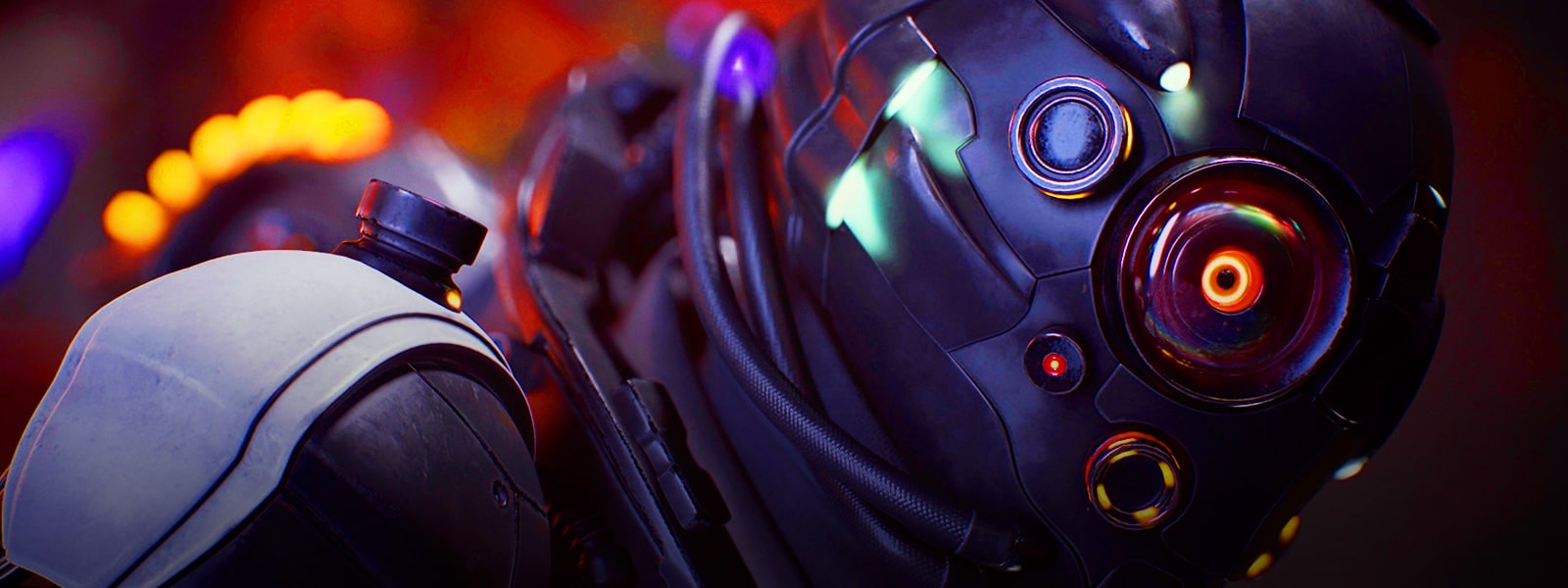 Close up shot of a sci-fi game character wearing a helmet with circular features.