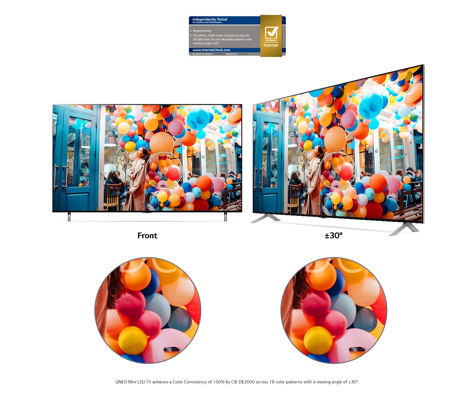 Two LG QNED MiniLED TV ‘s side by side showing an image of multicolored balloons in front of a café from a front on and an off-center viewing angle. The picture remains consistently vivid and accurate from both angles.
