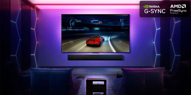 LG OLED M5 TV with a game being played on its screen showcasing the smooth and seamless gameplay. Zero Connect Box is seen, but blends well with the space. Nvidia G-Sync logo and AMD FreeSync Premium logo are seen. Gaming certifications are visible. 