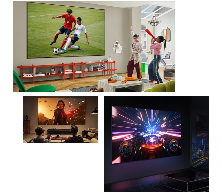 Different living rooms with people enjoying their Ultra Big TVs in different ways. In one room, they are watching sports. In the other room, they are watching a movie. In the last room, a video game is on the screen.