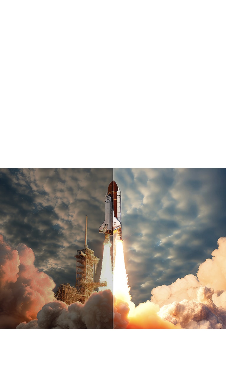 Scene of a space shuttle launch that's split in half. One half of the scene is bright and vivid thanks to the LG brightness boosting algorithms. The other half is dark, faded, and gray. 