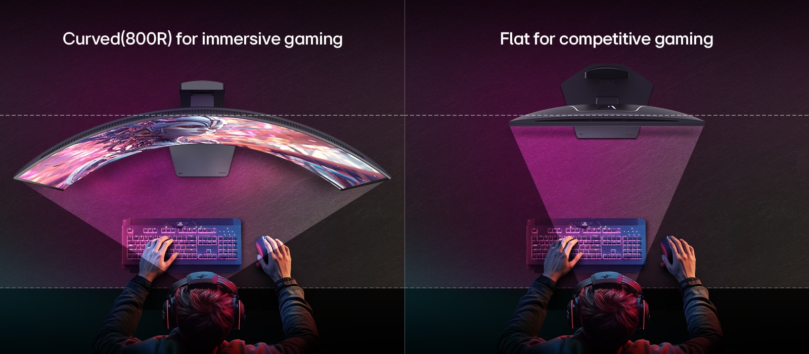 Top view comparison of a gamer at a desk using two monitors: on the left, a curved 800R display for immersive gaming with a wider field of view, and on the right, a flat display designed for competitive gaming with a focused straight view.