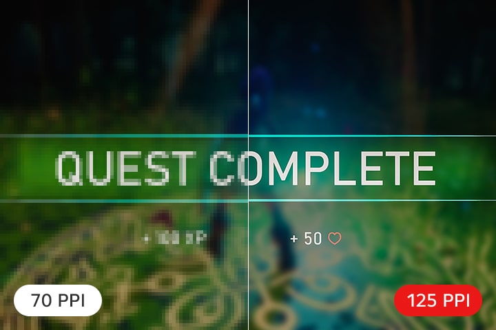 A split-screen comparison of game text clarity showing the phrase QUEST COMPLETE, with the left side at 70 PPI appearing blurry and the right side at 125 PPI appearing sharp and clear.