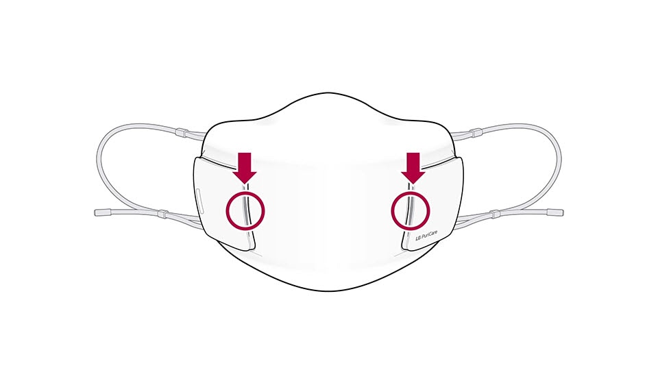 A video shows the front view of the mask with two circles on the filter. Two arrows appear and point down at the circles and then the arrows disappear and reappear and point from the side out. Then the filter opens out and then disappear and new filters are lying down. The mask disappears and the filters are still 