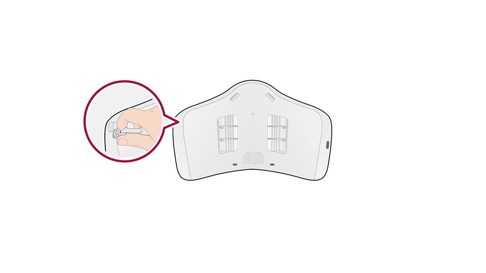 A video shows the interior of the PuriCare Wearable Air Purifier with the ear straps extended out and then they fold in on the interior. A circle appears magnifying where the ear straps are connected to the mask and a hand moves down to open along with an arrow showing the direction to remove the straps. Next, new straps are inserted and the hand moves up to insert them. The video ends showing the interior of the mask with the ear straps once more.