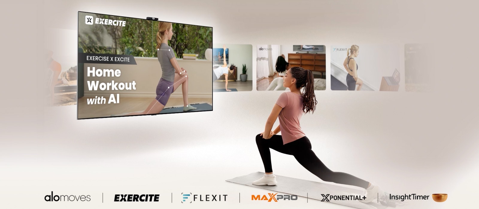 Woman exercising while watching workout videos on LG TV, with various fitness content like yoga and meditation swiping across the screen, showcasing LG TV as a versatile fitness companion.
