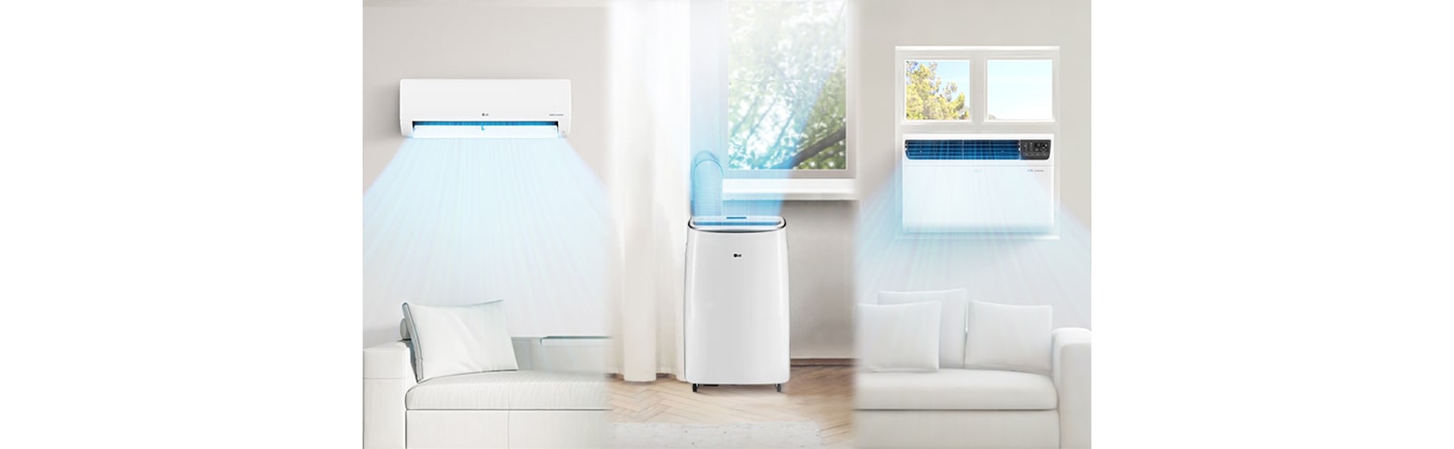From the left, wall-mounted air conditioners, portable air conditioners, and wall-mounted air conditioners