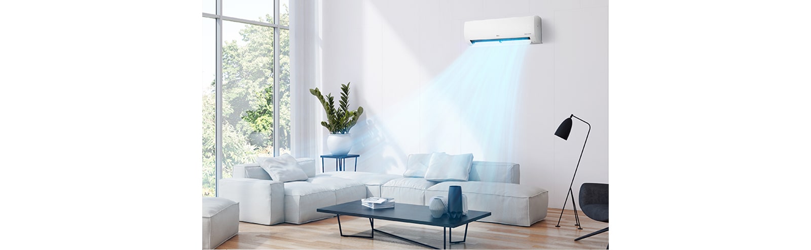 The wind of the air conditioner cools the spacious living room