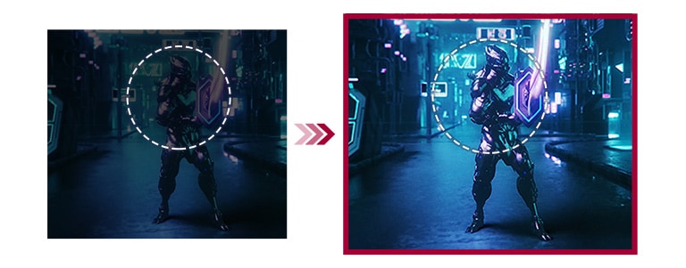 A comparison of two gaming scenes between conventional mode with less visibility in the dark scene, and Black Stabilizer mode offering better visibility in the identical scene