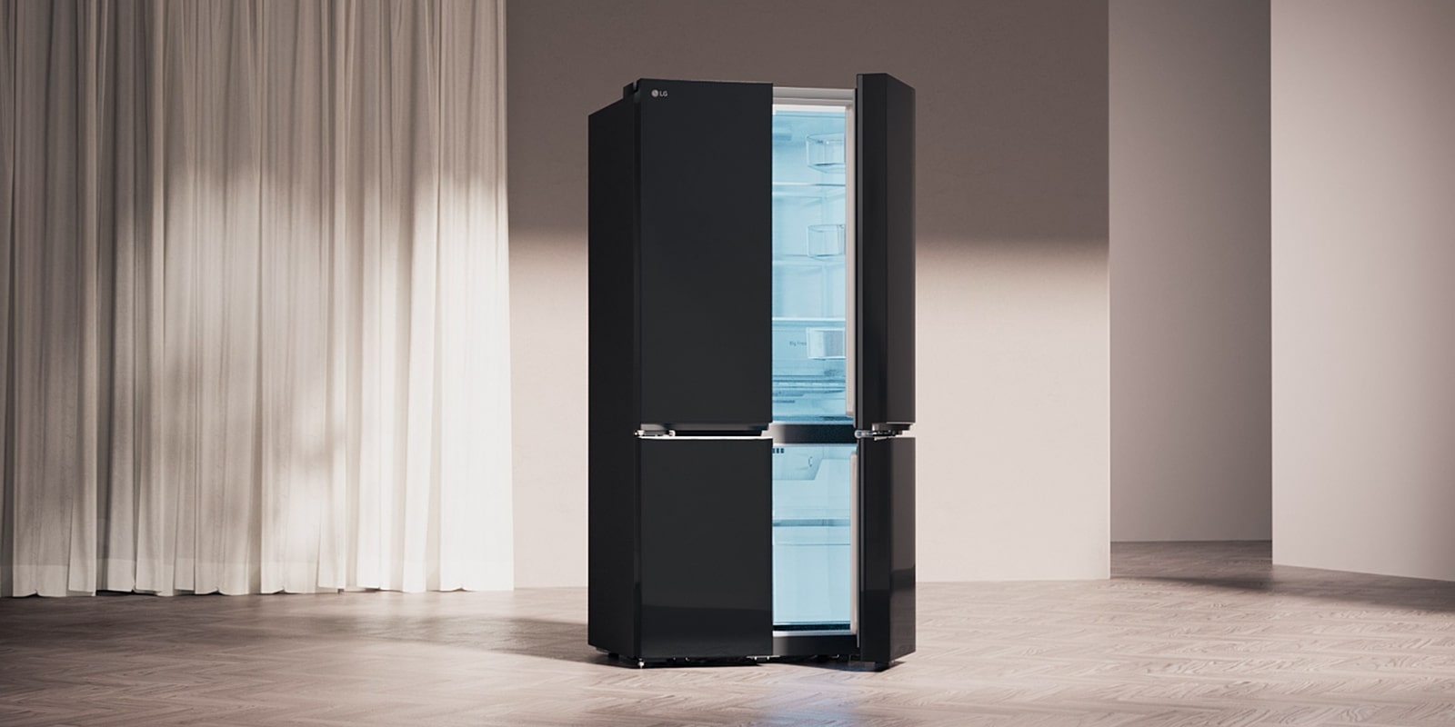 A modern kitchen reflected in the sleek design of the lg multi door refrigerator with black mirror doors.
