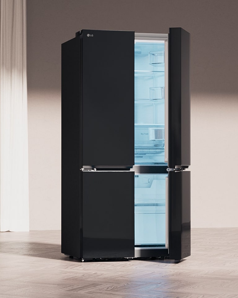 A modern kitchen reflected in the sleek design of the lg multi door refrigerator with black mirror doors.