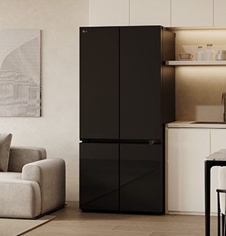 A modern kitchen reflected in the sleek design of the lg multi door refrigerator with black mirror doors.